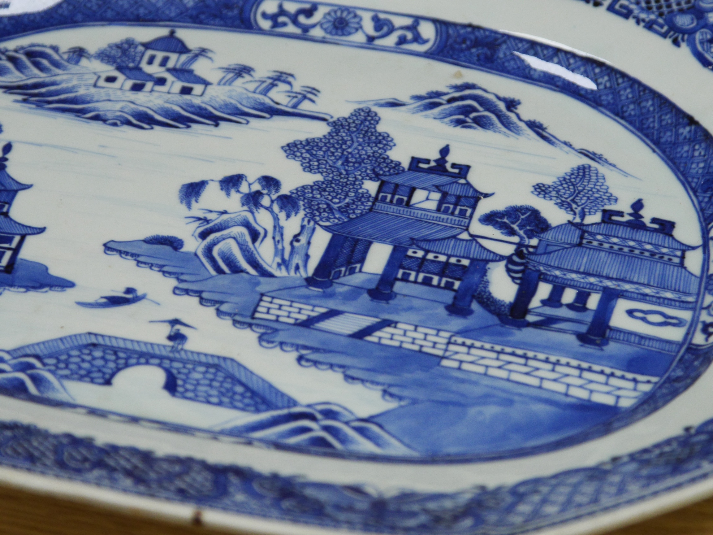 Two 18th century Chinese blue and white octagonal meat dishes, 44cm wide. Condition - good, one with some chipping